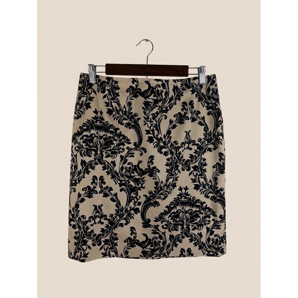 Talbots Skirt Womens Size 10 Tan Black Pencil Damask Pattern Stretch 90's